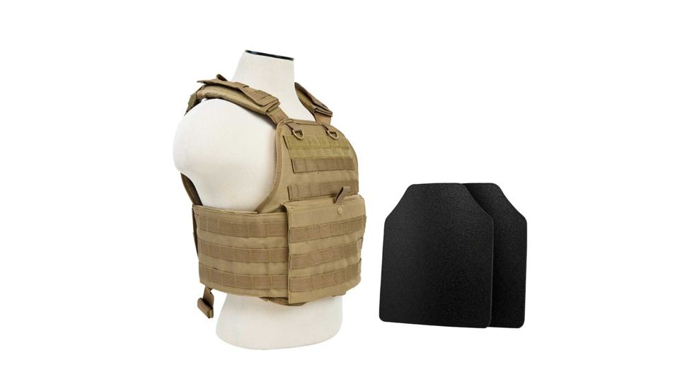 Vism Plate Carrier Vest w/2 10x12in Level IIIA Shooters Cut Hard Ballistic Panels, Tan BUCCVPCV2924T-A