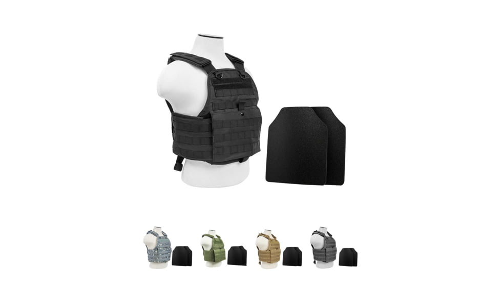 Vism Plate Carrier Vest w/2 10x12in Level IIIA Shooters Cut Hard Ballistic Panels, Black, Digital Camo, Green, Tan, Urban Gray