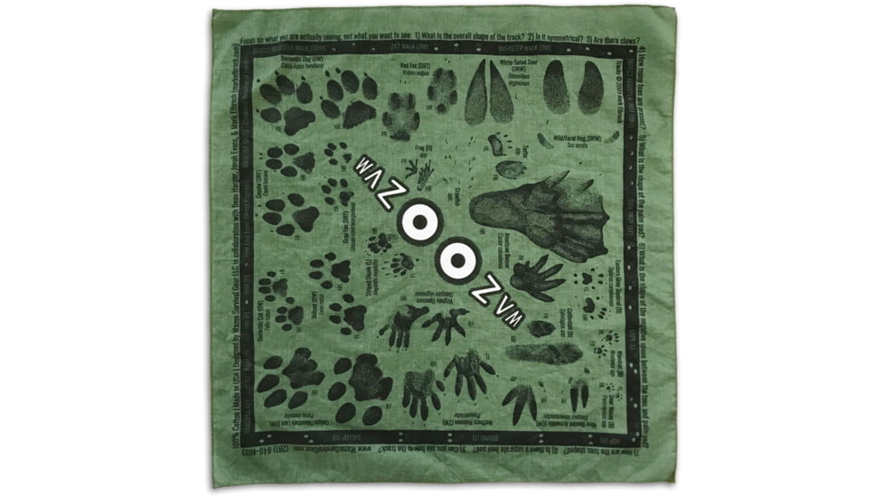 Wazoo Survival Gear Bandana Tracking Field Kit, 22 square bandana with 21 animals tracks, BANDANA TRACKING