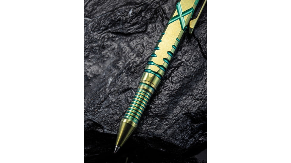 We Knife Co Ltd Tactical Pen, 5in Overall, Glass Breaker, Pocket Clip, Bolt Action Open/Close, Blue Plastic Storage Case, Titanium Construction, Green, Green, TP02B