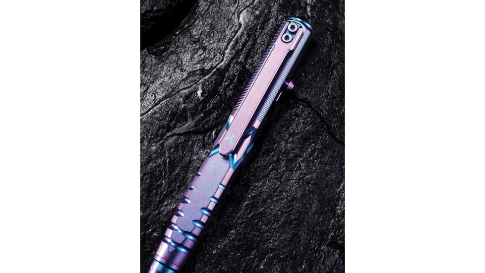 We Knife Co Ltd Tactical Pen, 5in Overall, Pocket Clip, Glass Breaker, Bolt Action Open/Close, Blue Plastic Storage Case, Titanium Construction, Purple, Purple, TP02A