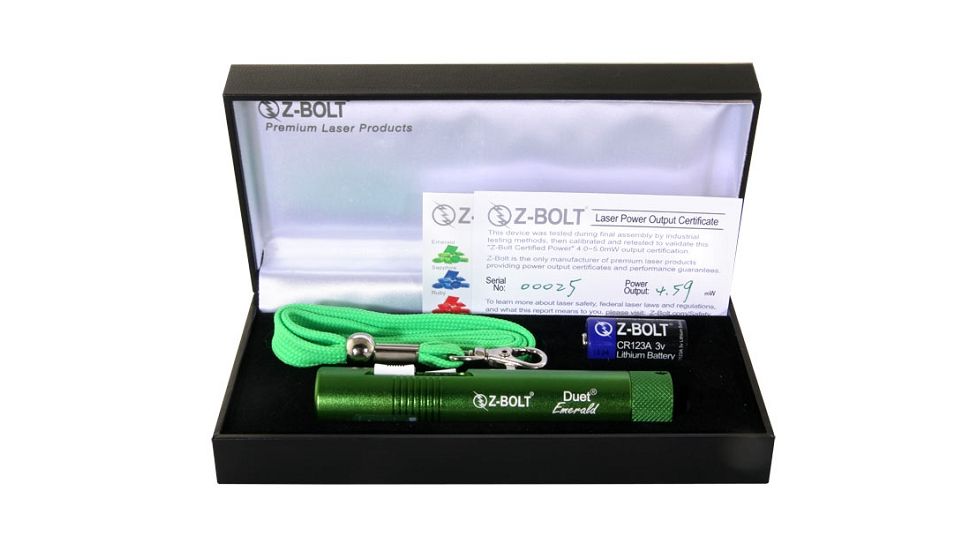 Z-Bolt D-5-G Duet Emerald Blue Pointer, Tru Green Laser, Dual Switch, FDA Class 3A, Green, Small, D-5-G