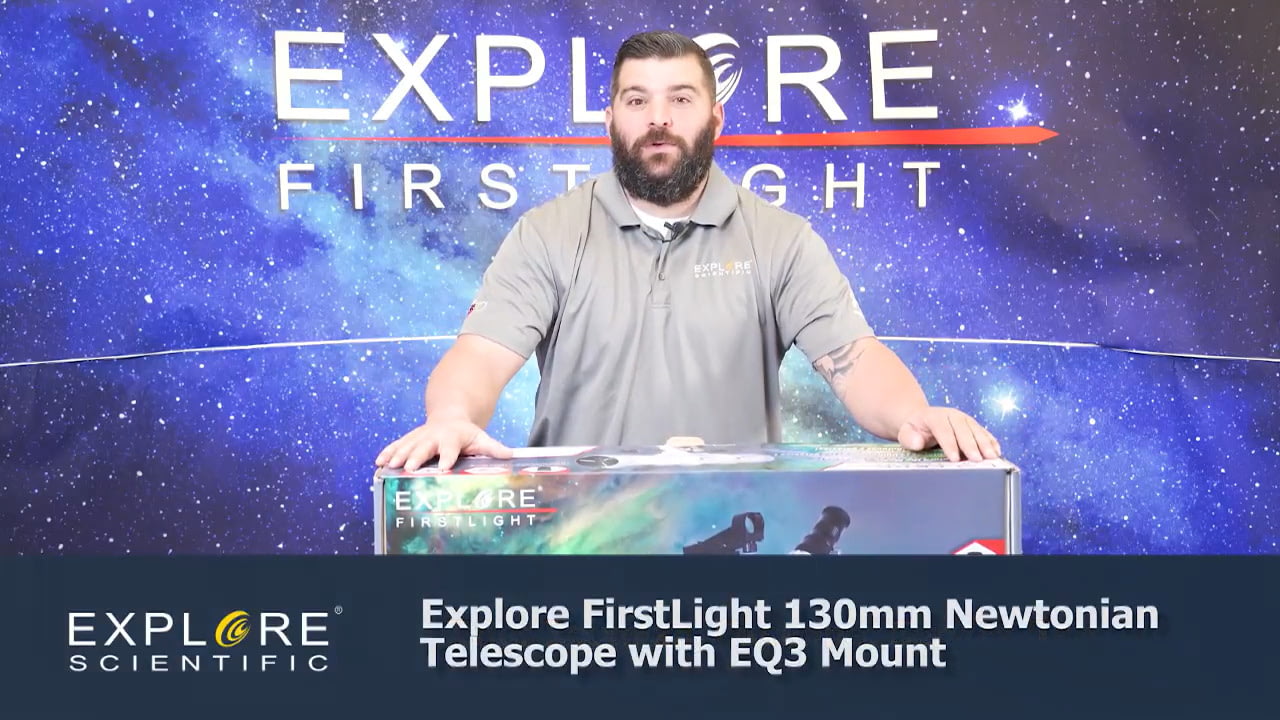 opplanet explore scientific firstlight 130mm newtonian telescope w eq3 mount unboxing video